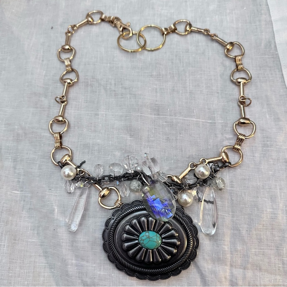 RUBYRUDI Artisan Western Necklace OOAKGold-Link Concho Belt Buckle Up Cycled - Picture 9 of 13